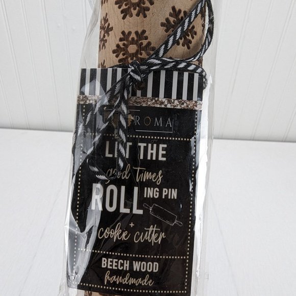 Gia Roma Beech Wood Rolling Pin & Cookie Cutter Snowflakes Handmade New - Picture 1 of 5